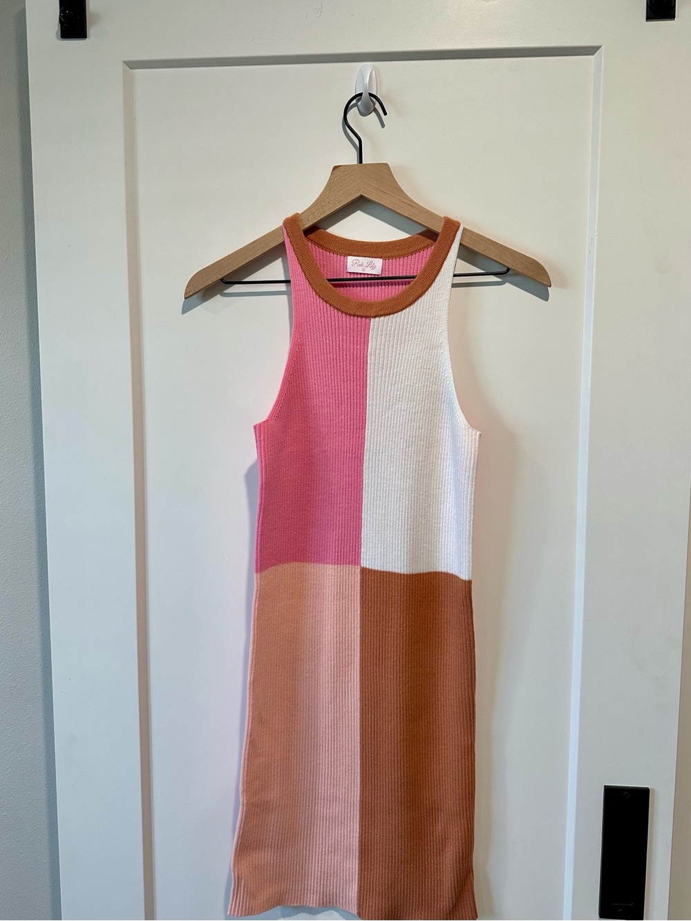 Pink Lily Color Block Ribbed Knit Midi Tank Dress Pink Brown Medium
